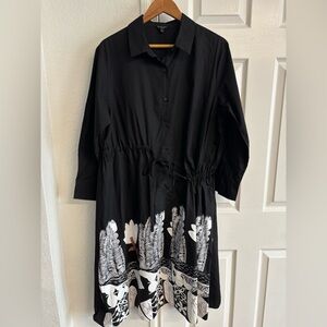 Beulah Style Black Asymmetrical‎ Long Sleeve Belted Button Leaf
Midi Dress OS